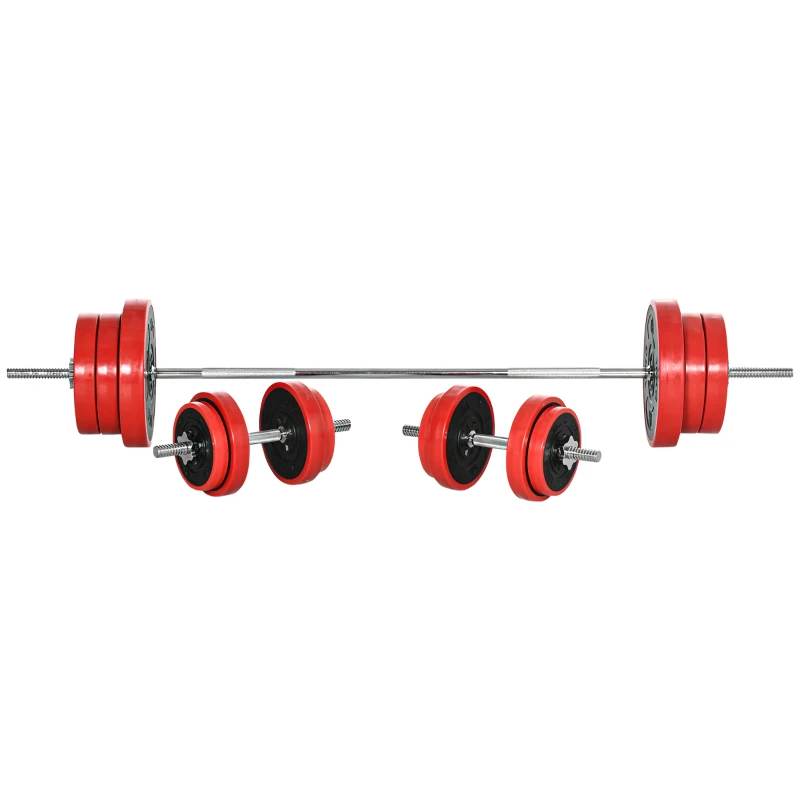 HOMCOM Set Bilanciere e Dischi 65kg totali per Workout in Casa, in Metallo, Sabbia di Ferro e Gomma, Rosso