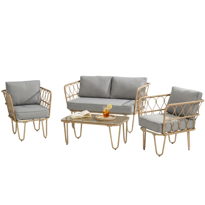 Outsunny Ensemble salon de jardin canapé 2 places + 2 fauteuils + 1 table basse plateau verre trempé 7 coussins gris