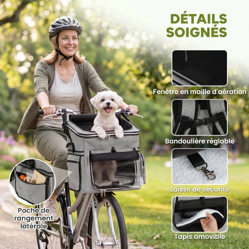 PawHut Panier de Vélo Avant Portable pour Chiens Chats, Laisse de Sécurité, Couvercle Détachable, 33x26x35cm, Gris Clair
