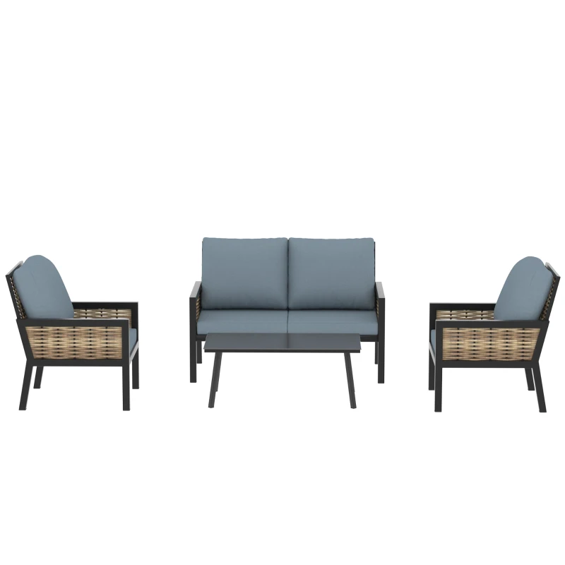 Outsunny 4 Seater Rattan Garden Furniture Set with 2 Armchairs, Loveseat, Coffee Table, Garden Sofa Set with Cushions, Grey