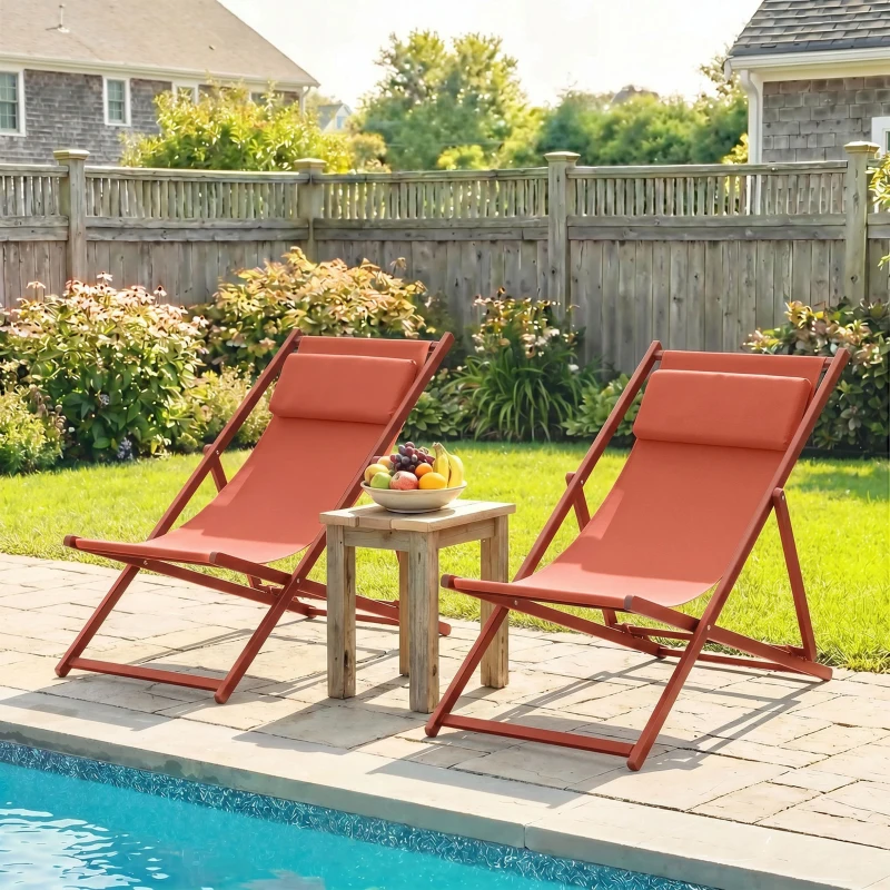 Outsunny Lot de 2 bain de soleil, chaise longue pliante avec appuie-tête en textilène inclinable 60 x 100 x 85 cm, rouge brique