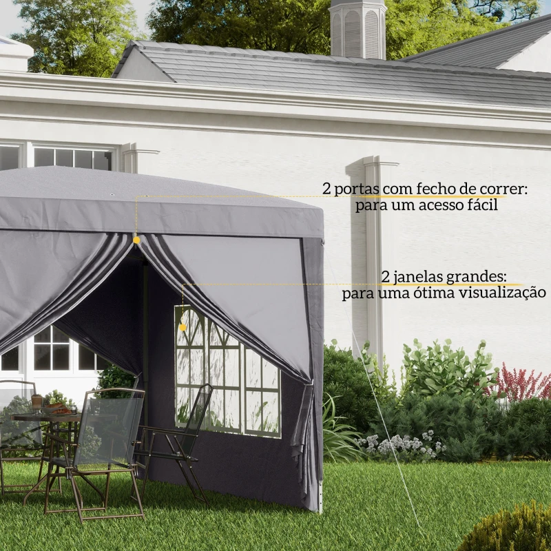 Outsunny Tenda de Jardim com Paredes Laterais Amovíveis Janelas Porta com Fecho de Correr e Bolsa de Transporte 295x295x196-258 cm Cinzento