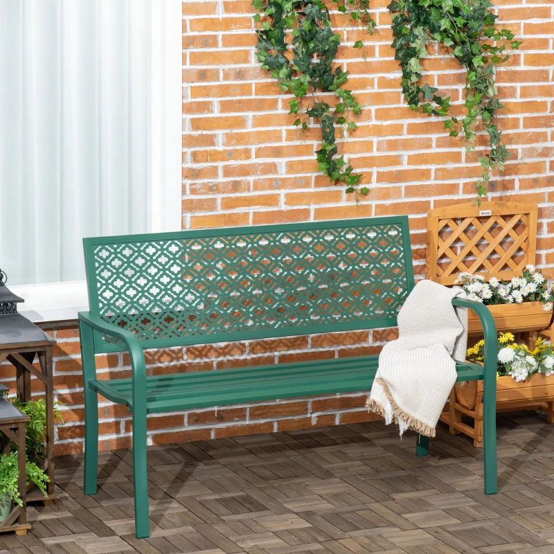 Outsunny Banc de jardin banc extérieur jardin en acier avec dossier à motif floral pour 2 personnes 127 x 63 x 83 cm vert foncé