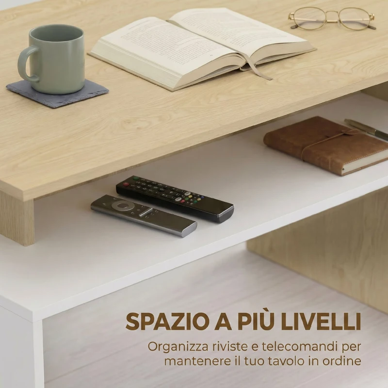 HOMCOM Tavolino da Salotto Bicolore con Mensola Asimmetrica, 95x55x50 cm, Legno Naturale e Bianco