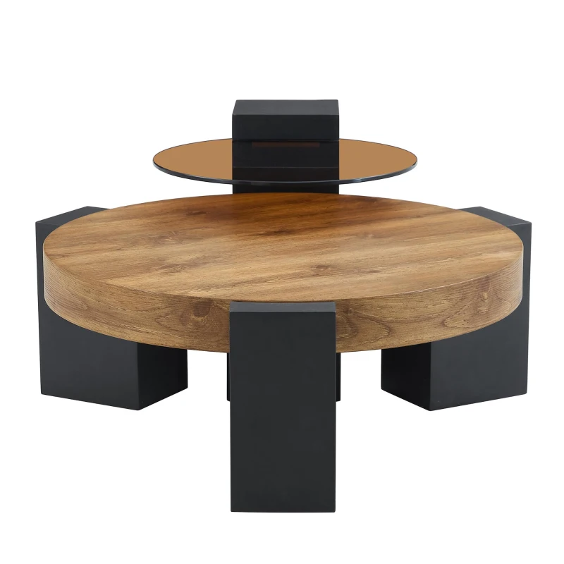 Table basse ronde moderne à 2 niveaux, design démontable et modulable, bords arrondis, 61x61x30 cm, Couleur naturelle