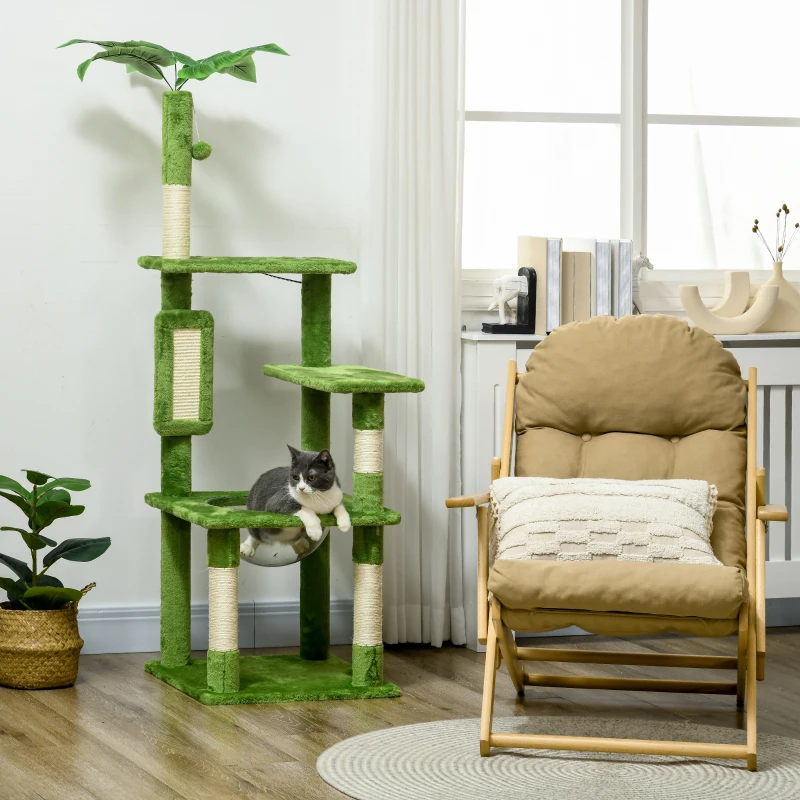 PawHut Albero per Gatti Multilivello con Amaca, Tiragraffi, Pallina e Foglie Decorative, 49x49x142 cm, Verde