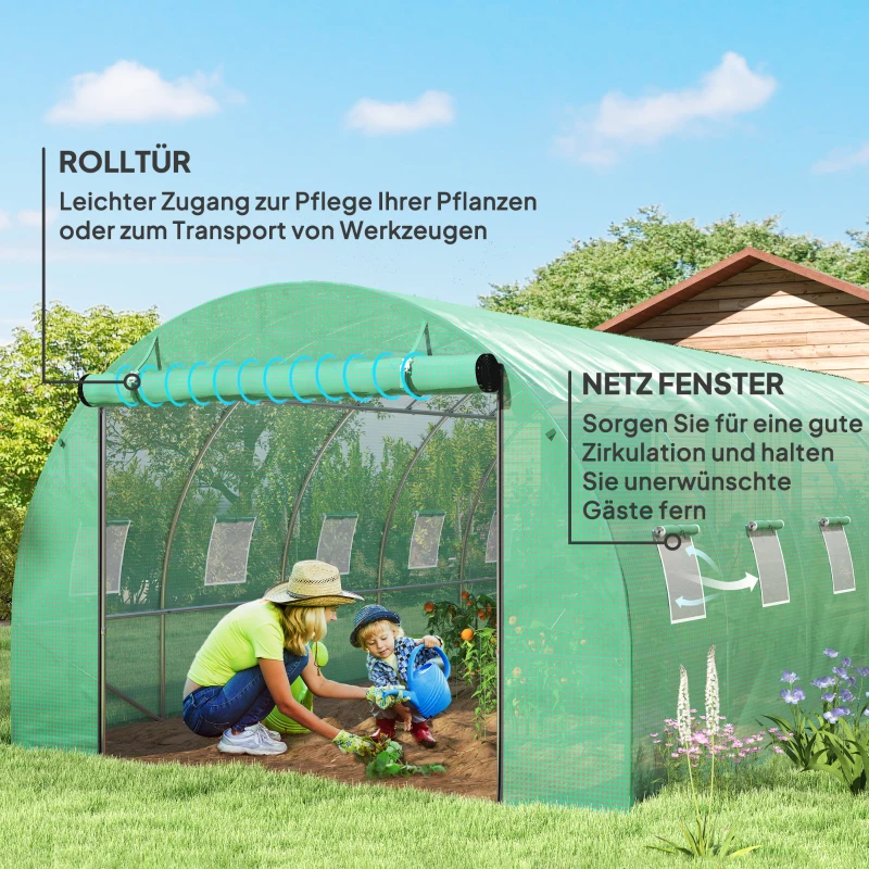 Outsunny Polytunnelkas met kunststofafdekking en stalen frame, begaanbare kastoog met oprolbare deuren, Groen