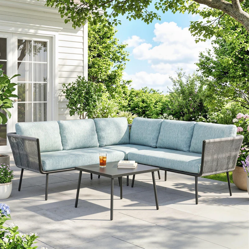 Outsunny Conjunto de Móveis de Jardim em Ratã Sofá de Canto com Almofadas e Mesa de Centro para Terraço Exterior Azul Claro