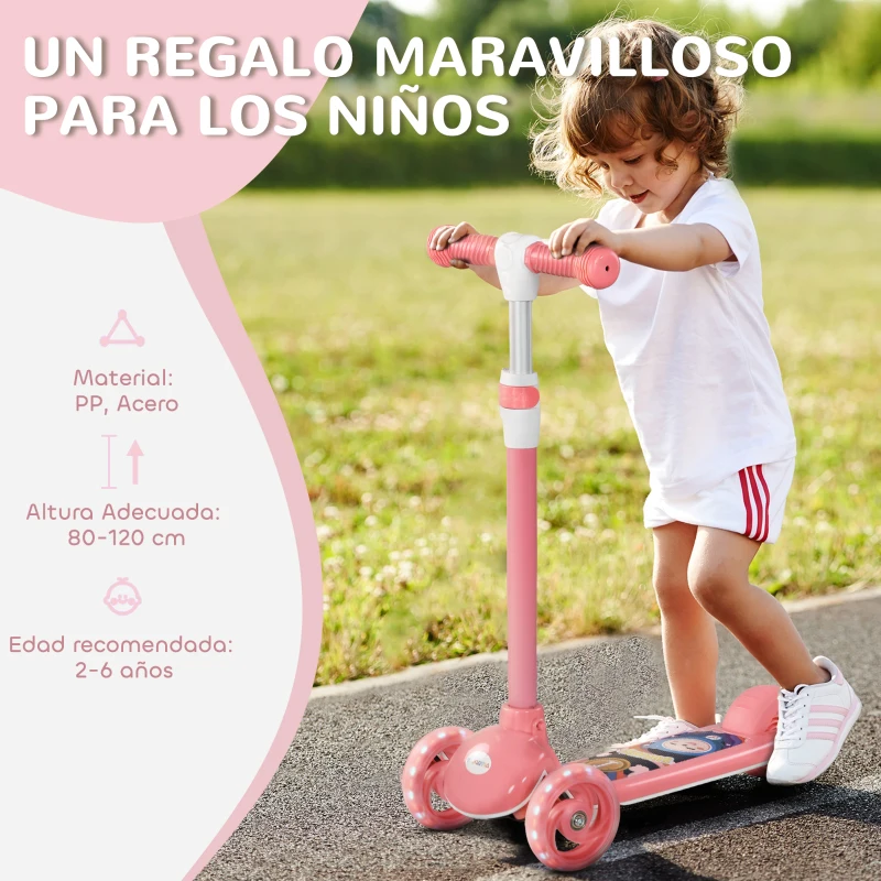 AIYAPLAY Patinete Infantil Patinete con 3 Ruedas Luces LED Altura Ajustable Carga 25 kg 52x29x63-76 cm Rosa