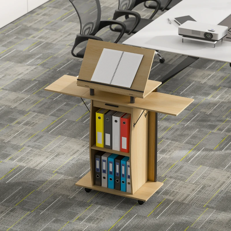 HOMCOM Mobiele lessenaar met inklapbare zijbladen, laptoptafel met lade en schappen, eikenlook(m-8)