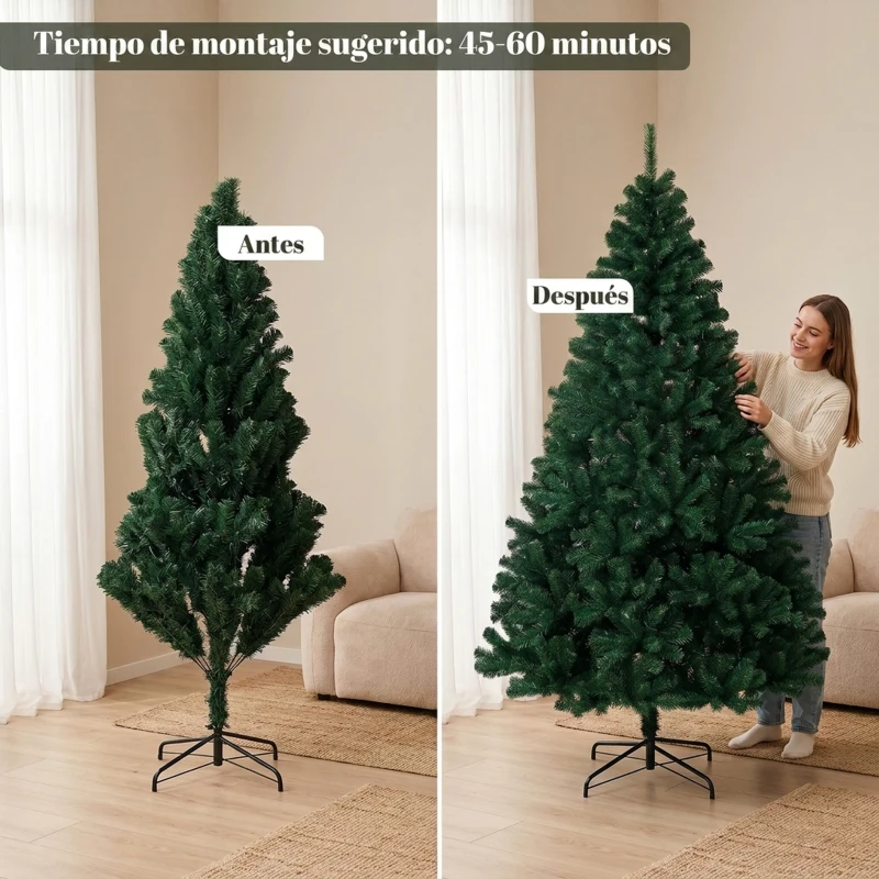 HOMCOM Árbol de Navidad de Abeto 230 cm con Ramas Articuladas 1300 Puntas de PVC Ignífugo Montaje Rápido Soporte de Acero Verde