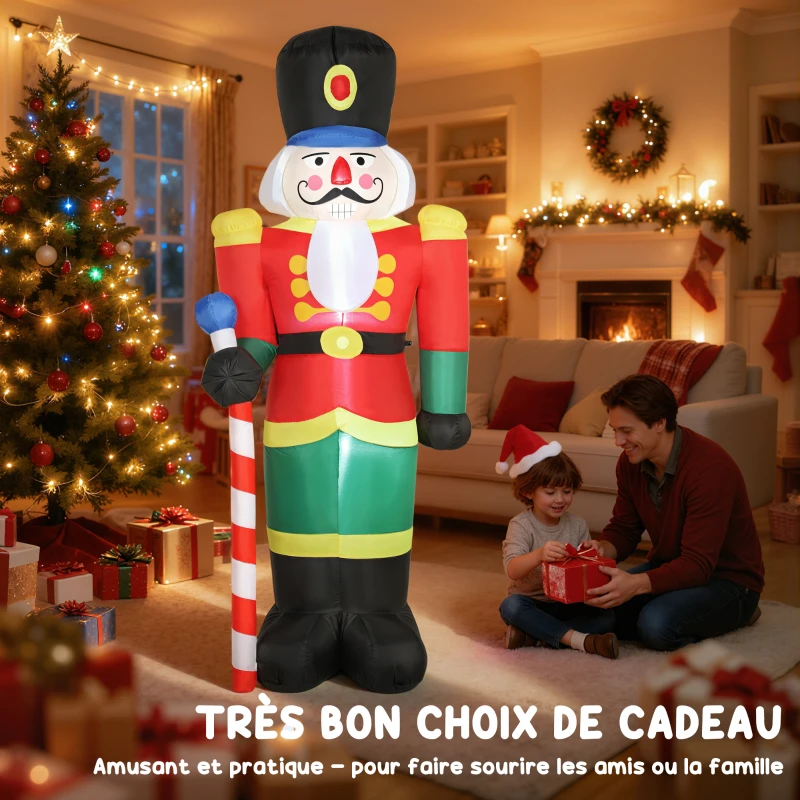 Outsunny Soldat casse-noisette gonflable de Noël 245 CM avec lumières LED et sceptre, intérieur et extérieur, multicolore