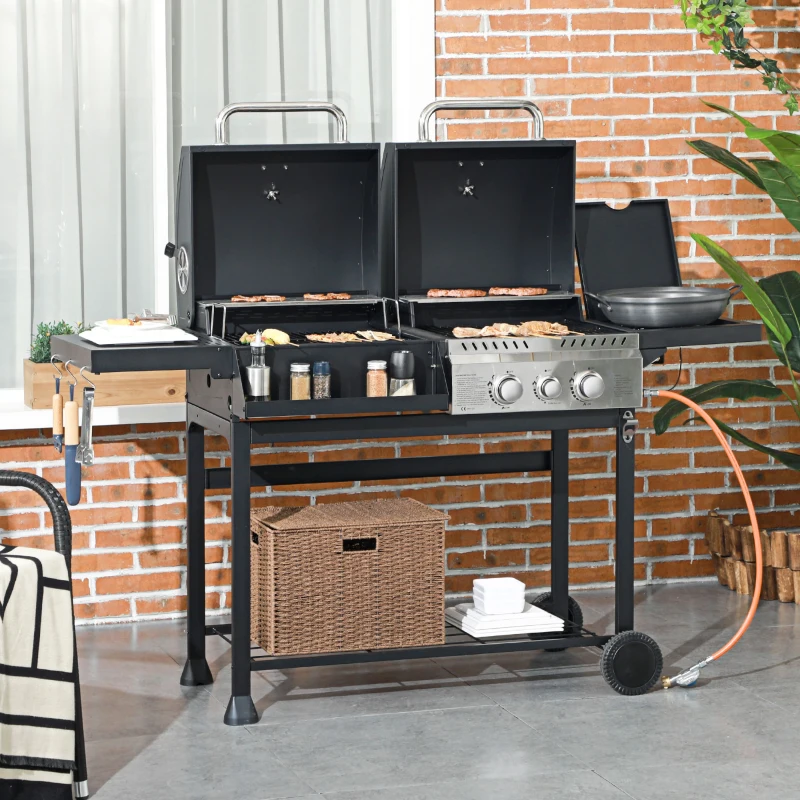 Outsunny Gasgrill BBQ-Grill, inclusief thermometer, warmhoudplaten, 161 x 54 x 103 cm, Zwart + Zilver