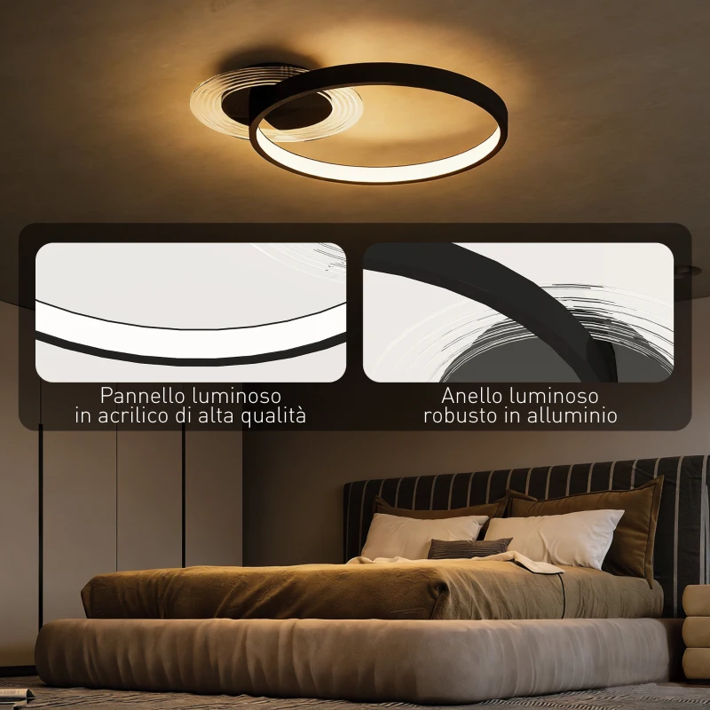 HOMCOM Plafoniera LED Moderna a 2 Anelli con Temperatura Colore Regolabile, Potenza 30W, Nero
