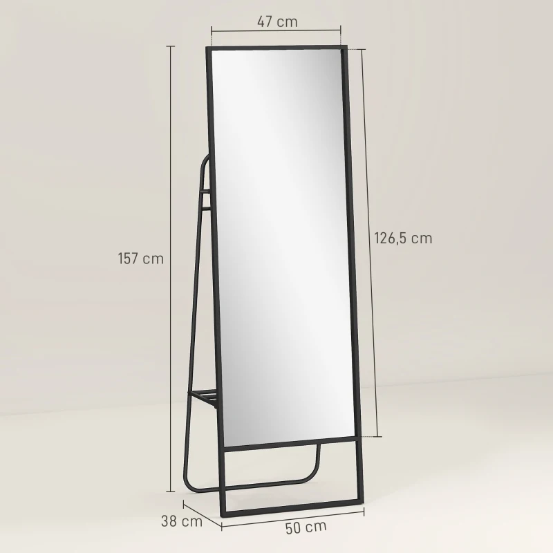 HOMCOM Passpiegel met industrieel design, achterplank, 2 haken en metalen frame, voor slaapkamer, 157 x 50 cm, zwart
