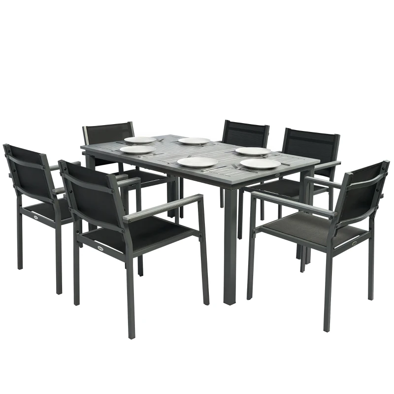 Outsunny Garden Dining Set with Acacia Wood Table Top, Outdoor Table and Stackable Chairs Set for 6 with Texteline Seat, Grey