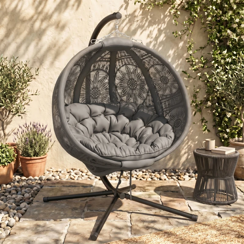 Outsunny Round Egg Basket Chair, with Steel Stand, Charcoal Grey