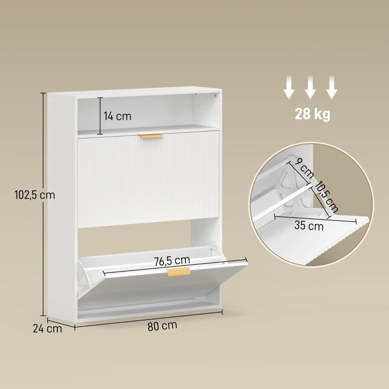 HOMCOM Smalle schoenenkast met 2 kleppen en bovenblad voor hal en gang, wit