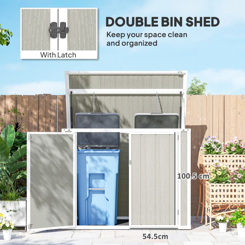 Outsunny 4.7 x 2.5FT Garden Shed, Double Bin Storage Shed with Lockable Doors, Outdoor Small Shed with Openable Lid for 2 Trash Cans, Garden Tools, Light Grey