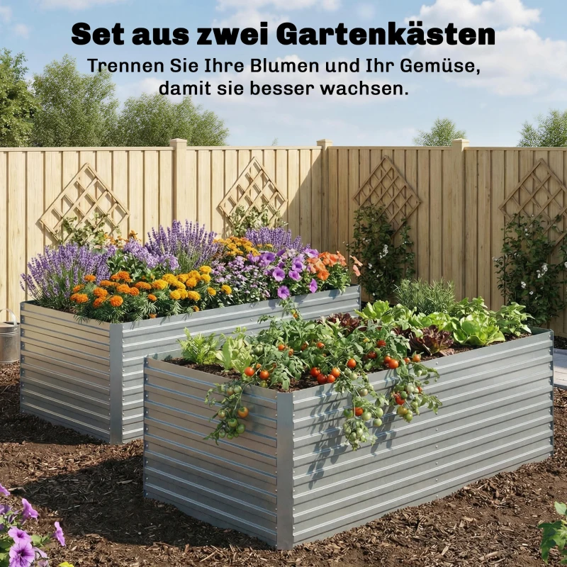 Outsunny Set van 2 Gegalvaniseerde Verhoogde Plantenbakken, 180 x 90 x 60 cm, Metalen Plantenbakken met Veilige Rand, Zilver