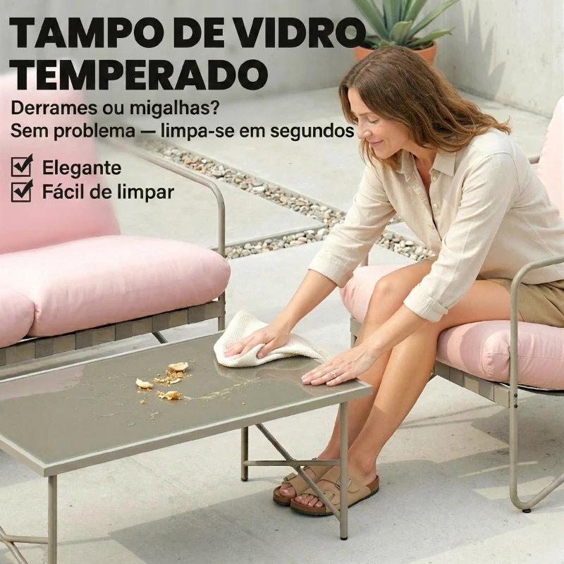 Outsunny Conjunto de Jardim de 4 Peças com Sofá de 2 Lugares 2 Poltronas Mesa de Vidro Temperado e Almofadas Grossas para Terraço Rosa