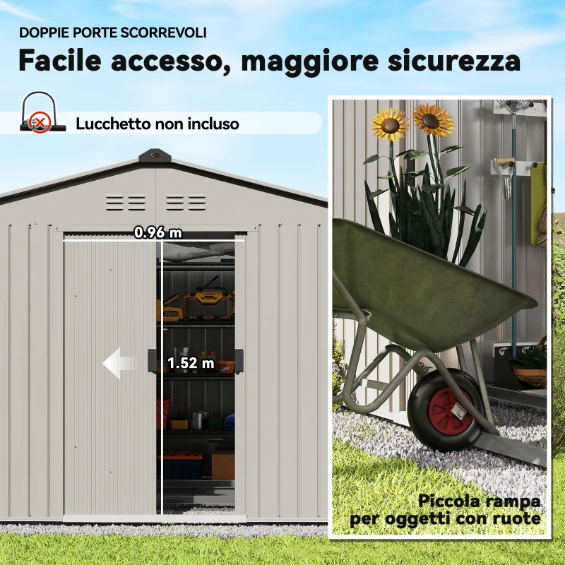 Outsunny Casetta da Giardino in Metallo con Prese d'Aria e Doppia Porta Scorrevole, 277x195x192 cm, Argento