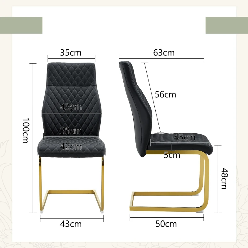Chaise de salle à manger matelassée motif losange, dossier haut ergonomique, lot de 2, 43x63x100 cm, Noir+Or
