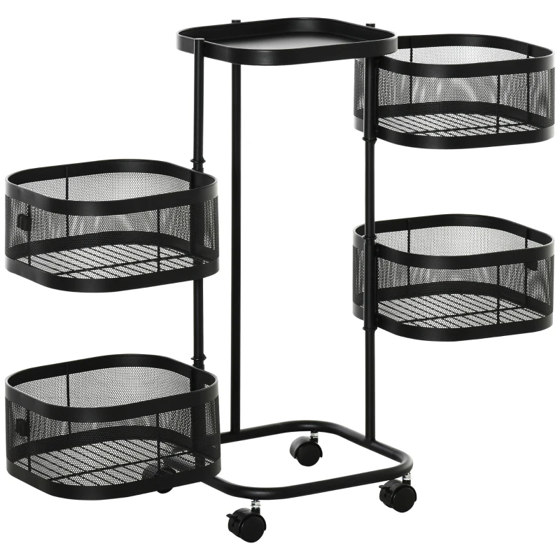 HOMCOM Metal Storage Cart, 4-Tier Storage Trolley on Wheels with 4 Mesh Baskets and Top Tray, Black