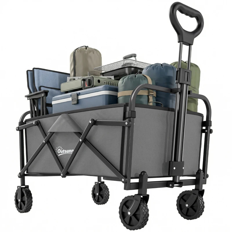 Outsunny Chariot de Jardin Charrette de Transport Pliable Tout-Terrain 66L Charge 68kg Poignée Réglable 81 x 45 x 89 cm Gris