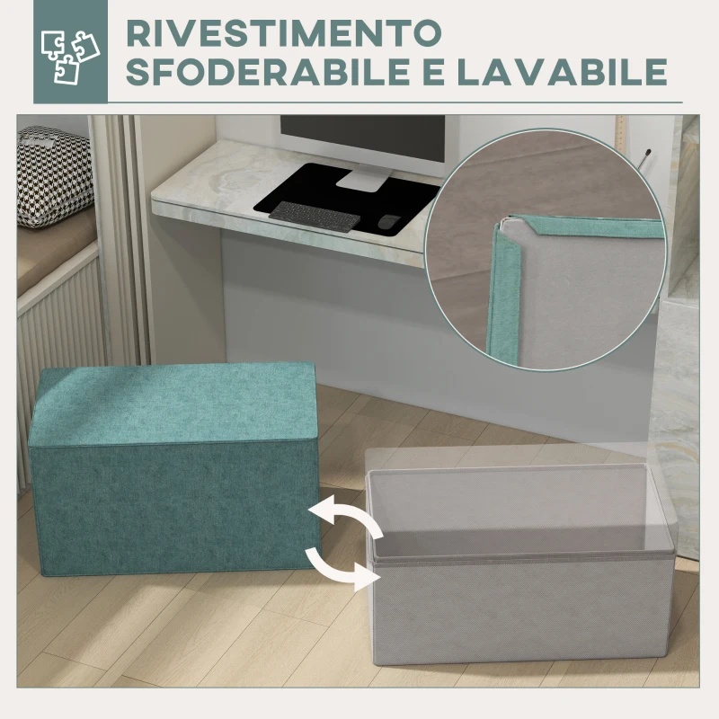 HOMCOM Poggiapiedi 2 in 1 con Rivestimento Rimovibile in Tessuto Effetto Lino, 75x41x41 cm, Verde