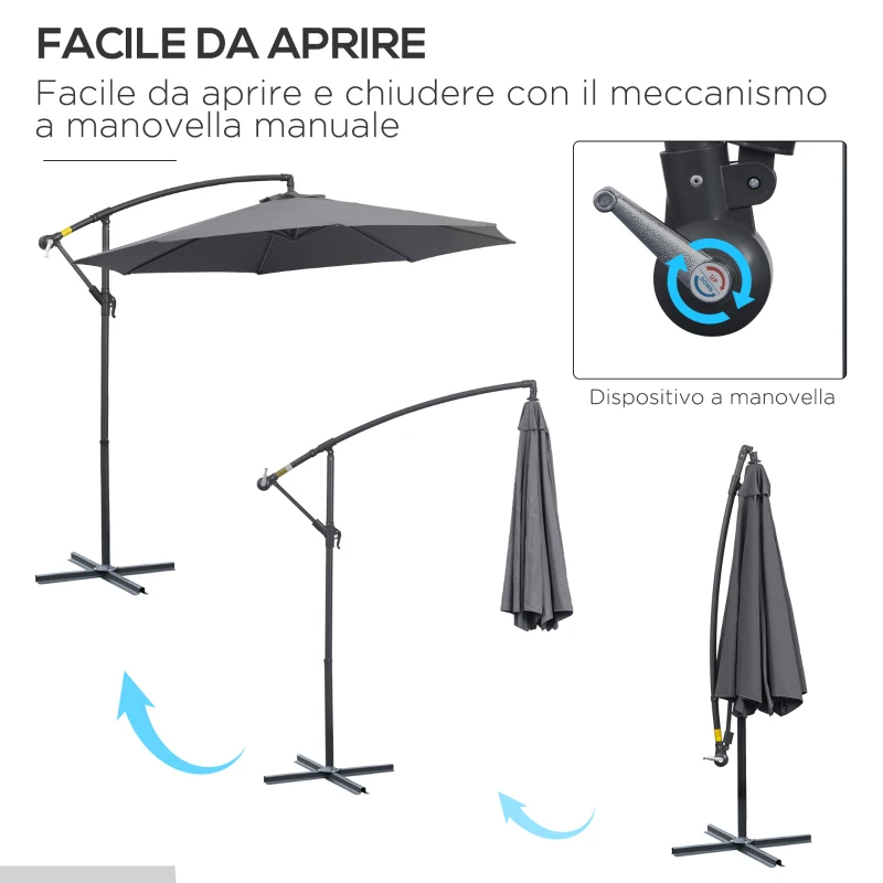 Outsunny Ombrellone da Giardino 3x2.5 m a Braccio e Inclinabile con Manovella, in Acciaio e Poliestere Grigio