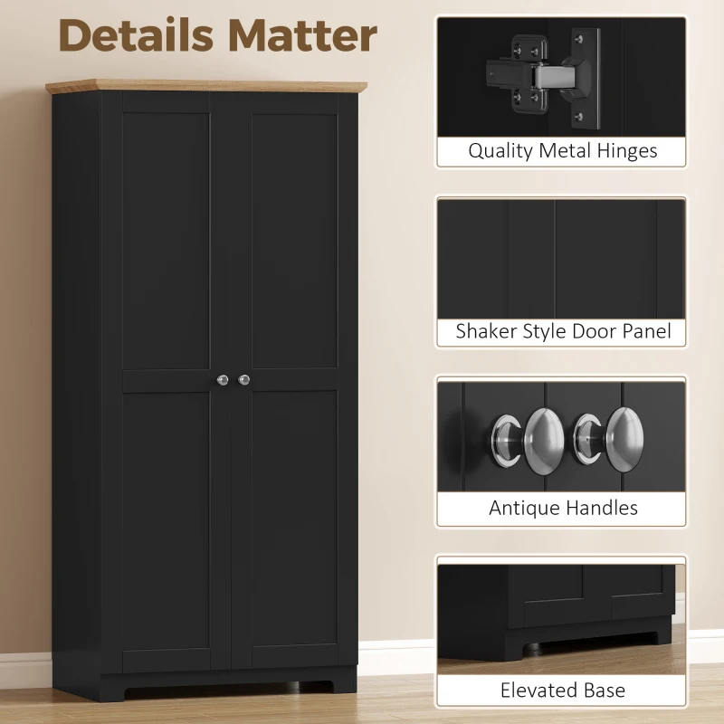 HOMCOM Kitchen Cupboard, 172cm Freestanding Storage Cabinet with Doors and Shelves, Black