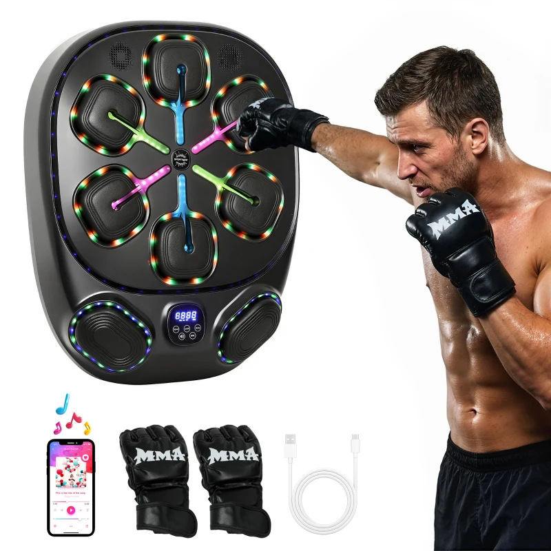 SPORTNOW Aparat de Box Muzical Montat pe Perete cu 9 Moduri și Lumini LED Multicolore, Music Boxing Machine pentru Adulți cu Conexiune Bluetooth, pentru Acasă și Sală, 61x48x11 cm, Negru
