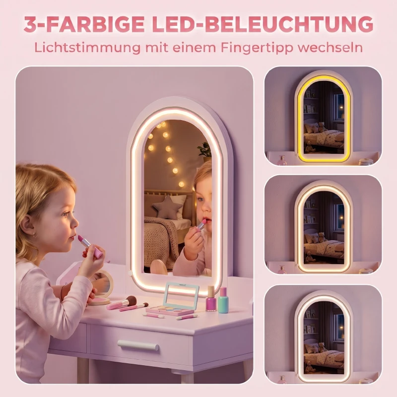 AIYAPLAY inder Schminktisch Set 2 in 1 Frisiertisch Schreibtisch mit Hocker LED-Spiegel in 3 Lichtfarben 2 Schublade 3-8 Jahre