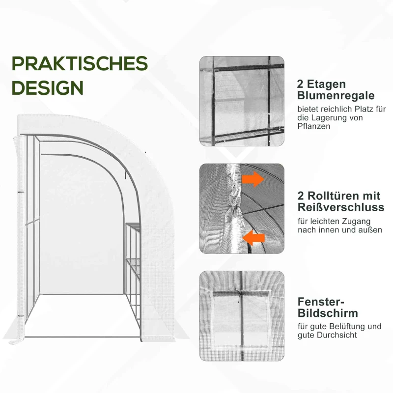 Outsunny Kas, tuinkas met kunststofhoes, UV-bestendig, 3 niveaus, ritssluitende deuren, Wit