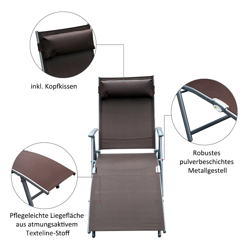 Outsunny ligbank strandbed ligbank voor buiten relax ligbed inklapbaar met kussen strand metaal + stof bruin 137 x 63,5 x 100,5 cm