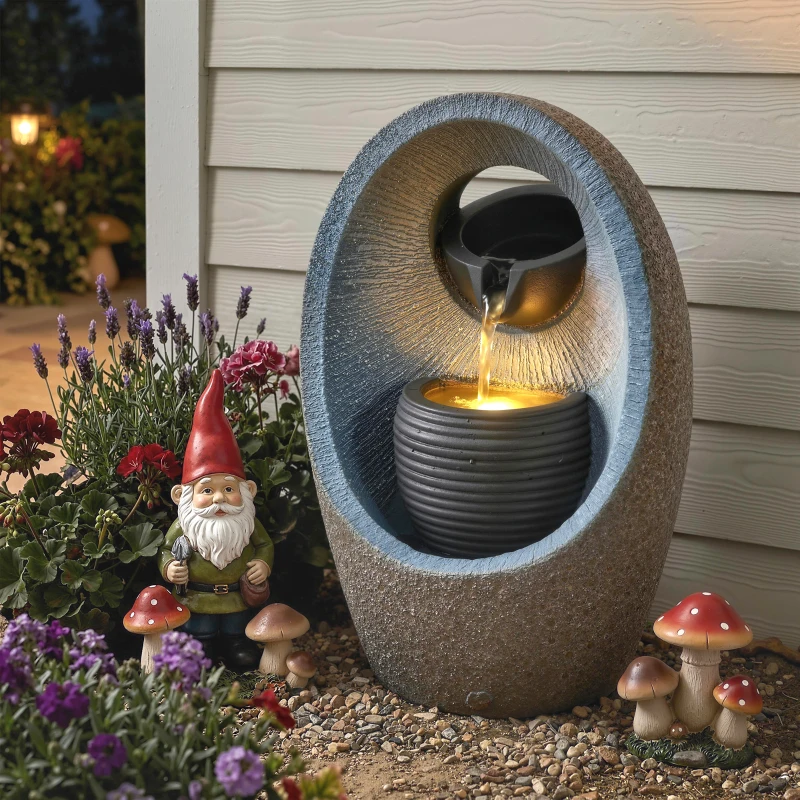 Outsunny Water Feature with 2-Tier Bowls, Garden Water Fountain with Pump and LED Lights, Resin Cascading Waterfall