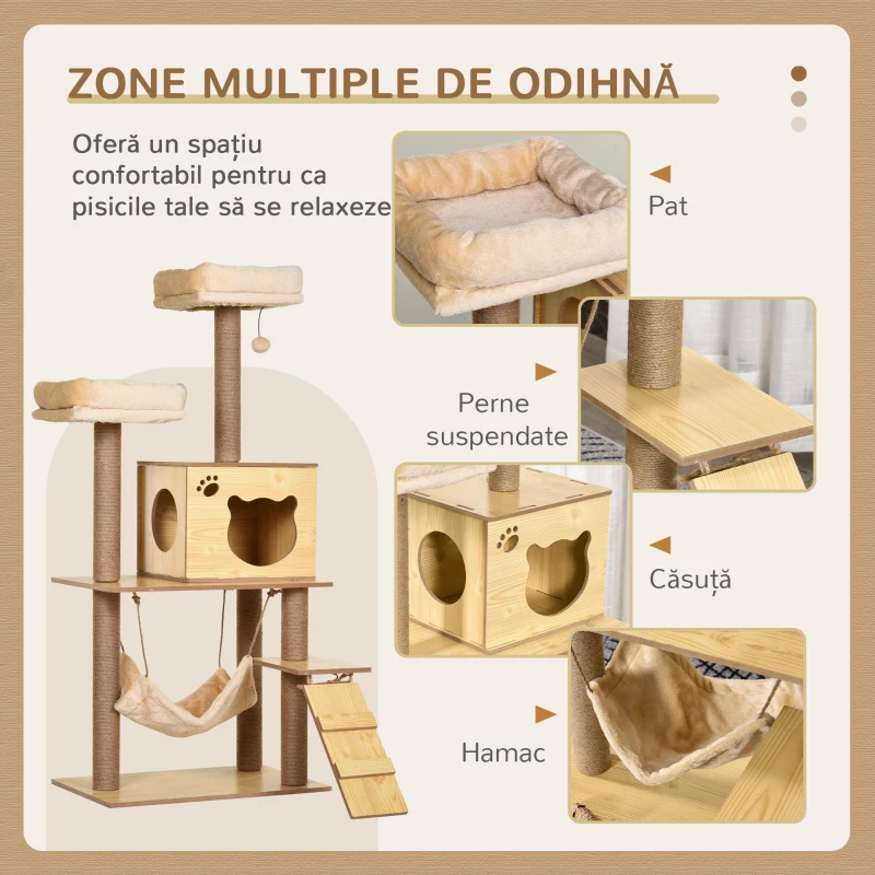 PawHut Arbore pentru Pisici cu Căsuță, 2 Paturi, Hamac și Minge, din Lemn, Poliester și Sisal, 60x40x130 cm