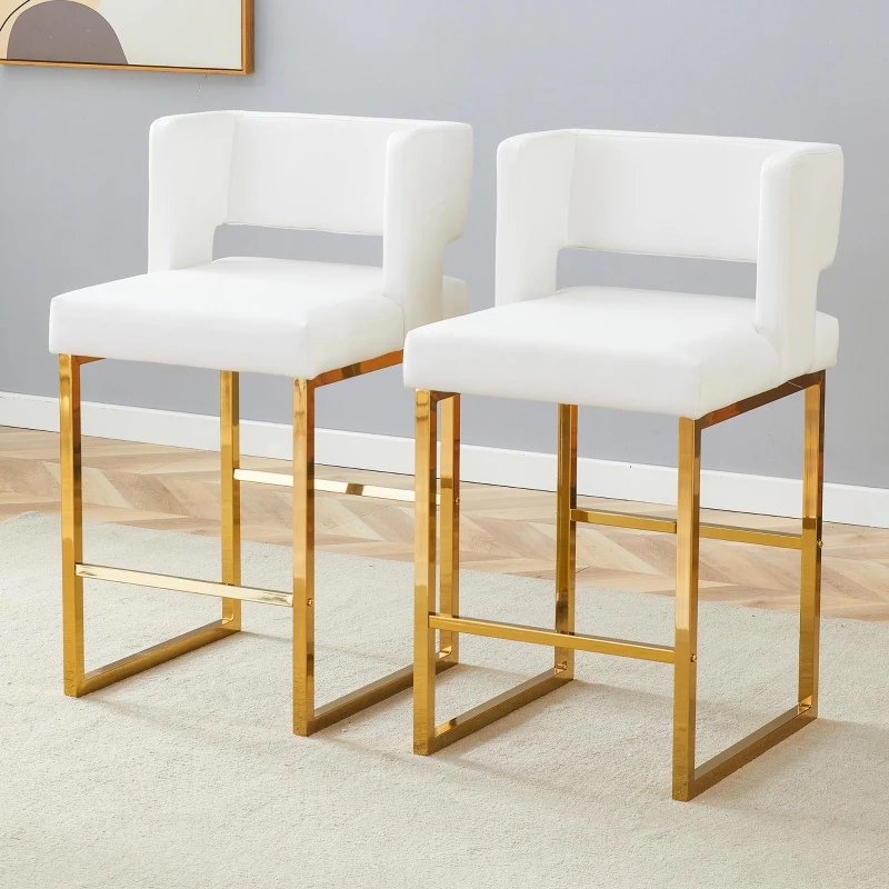 Lot de 2 tabourets de bar nordiques, design carré moderne, imperméable et facile à nettoyer, 48x53.3x91.4 cm, Blanc+Or