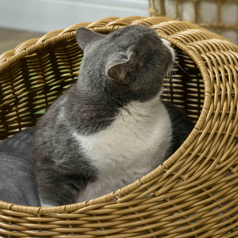 PawHut Rattan Kattenhuis met Wasbaar Kussen - Lichtbruin