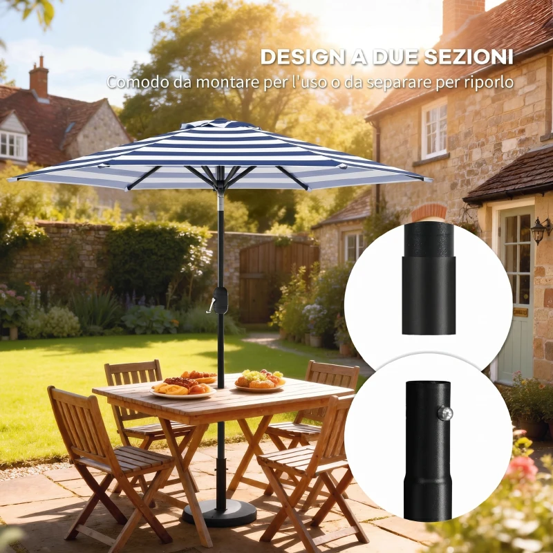 Outsunny Ombrellone da Giardino Inclinabile 2.3x2 m in Poliestere 180g/m², Ombrellone per Esterno da Terrazzo e Patio con Apertura a Manovella, Palo in Metallo e 6 Stecche, Blu e Bianco
