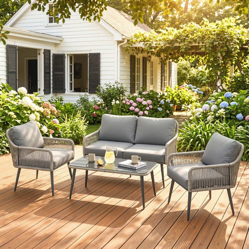 Outsunny Rattan Garden Furniture Set, 4 Piece Outdoor Patio Furniture with Tempered Glass Table and Chairs, Indoor Balcony Conservatory Set