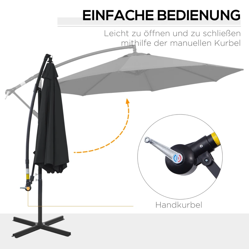 Outsunny afneembare parasol zweefparasol zwengelparasol met handkruk, zwart