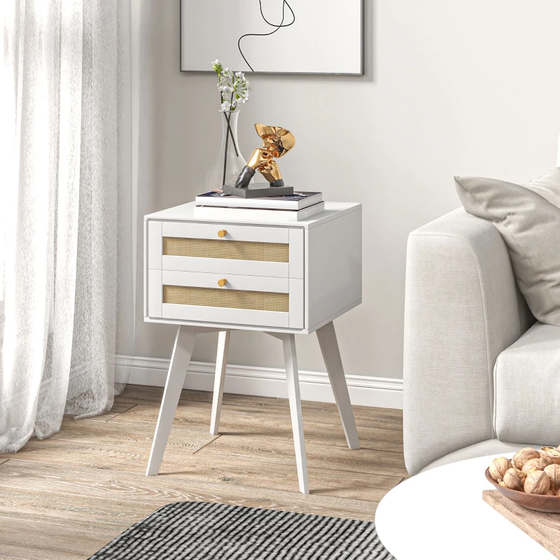 HOMCOM Mesilla de Noche Blanca Mesita de Noche con 2 Cajones Estilo Cannage Mesita Auxiliar Pequeña 40x40x60 cm