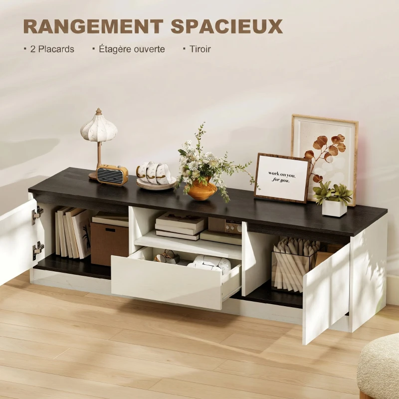 HOMCOM Meuble TV pour Télévision jusqu'à 60" avec 2 Armoires, 1 Étagère Ouverte, 1 Tiroir, Moderne, 140x35x40cm, Noir et Blanc