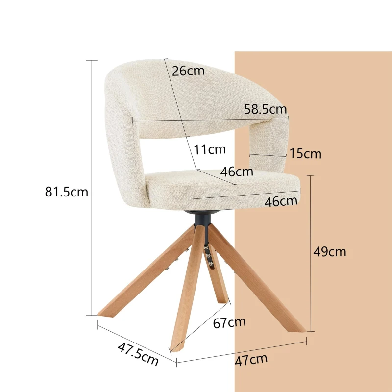 Lot de 2 chaises pivotantes rétro-luxe, patins feutre antidérapants, rotation 360° silencieuse, 47x47.5x81.5 cm, Couleur naturelle