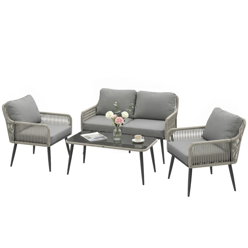 Outsunny Rattan Garden Furniture Set, 4 Piece Outdoor Patio Furniture with Tempered Glass Table and Chairs, Indoor Balcony Conservatory Set