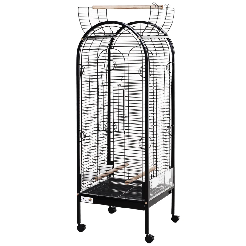 PawHut Jaula para Pájaro Metálica con 3 Perchas de Madera Extraíbles Espaciosa para Loros Canarios Cotorra Papagayo con 4 Ruedas 54x54x151 cm Negro