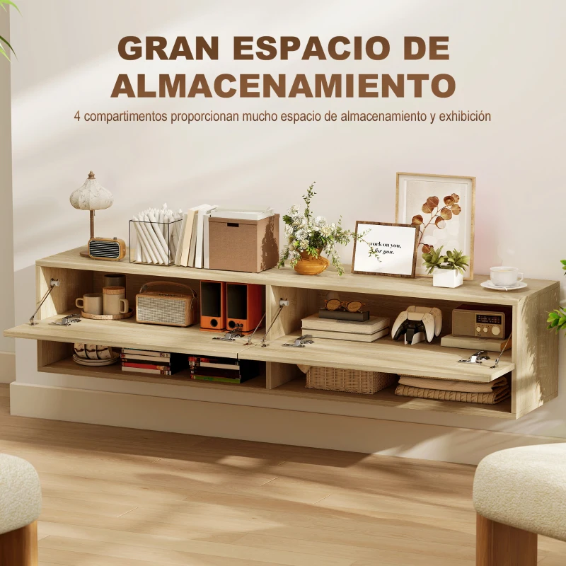 HOMCOM Mueble de TV Suspendido 2 Cajones Abatibles 2 Estantes Abiertos para Televisión 60 Pulgadas 140x32x31 cm Madera Natural