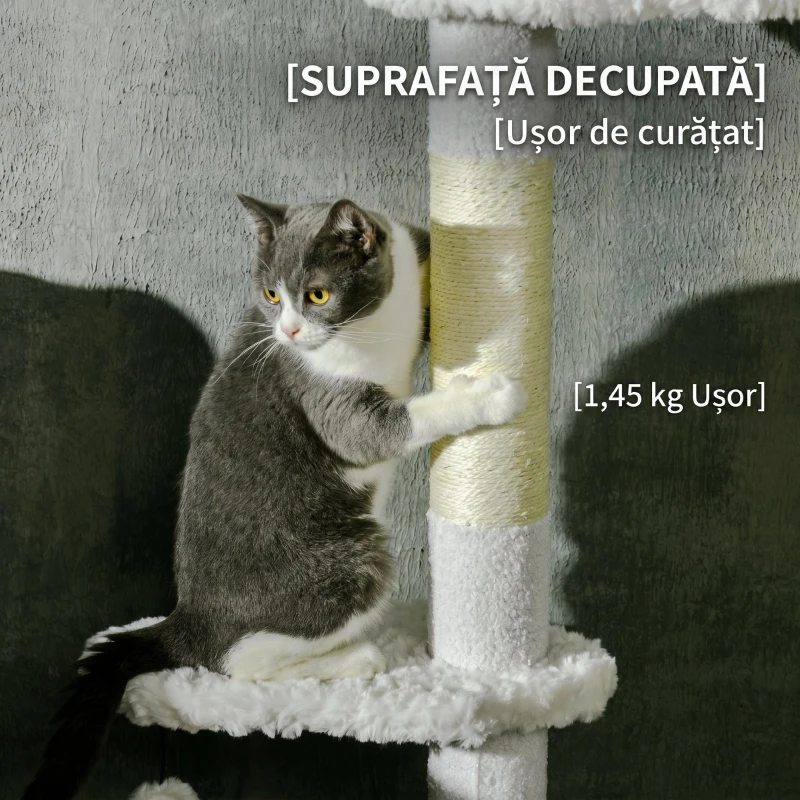 PawHut Arbore pentru pisici cu montare pe tavan, înălțime reglabilă și stâlpi acoperiți cu sisal, 48x32x225-255 cm, alb